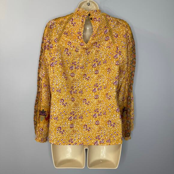 Maeve Anthropologie Goldie Embroidered Blouse Gold Yellow Floral Ruffled Sz 4 - Picture 4 of 14